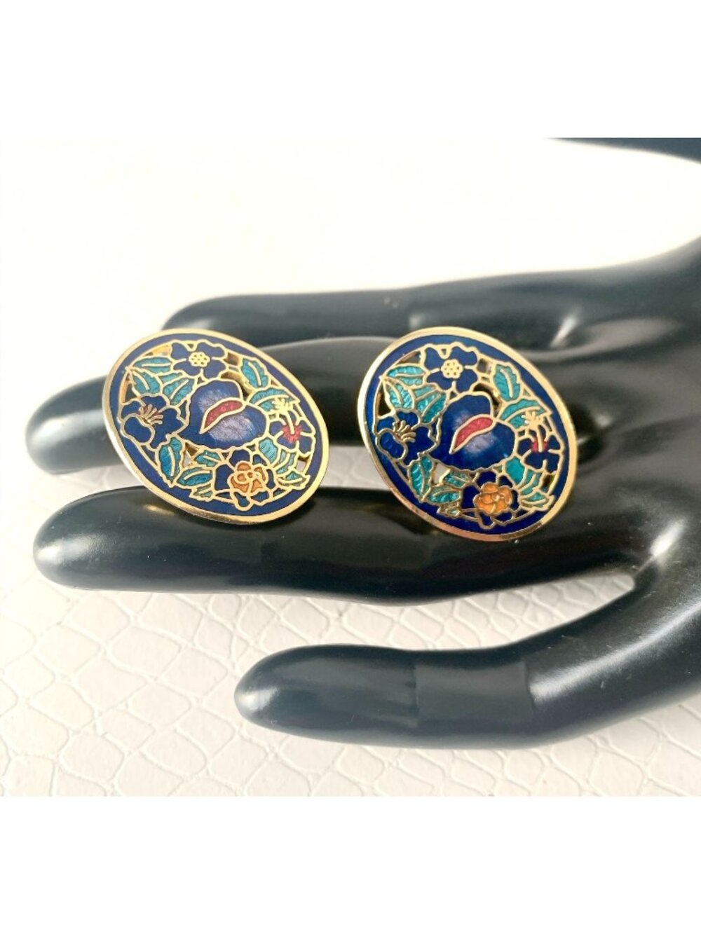 Vintage Cloisonne Clip On Earrings Floral Design Gold Tone Blue